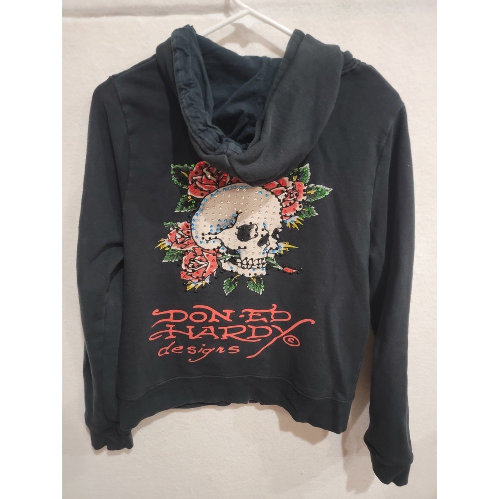 Ed Hardy by Christian Audigier Y2K Skull Rose Tattoo Full Zip Hoodie Women's M